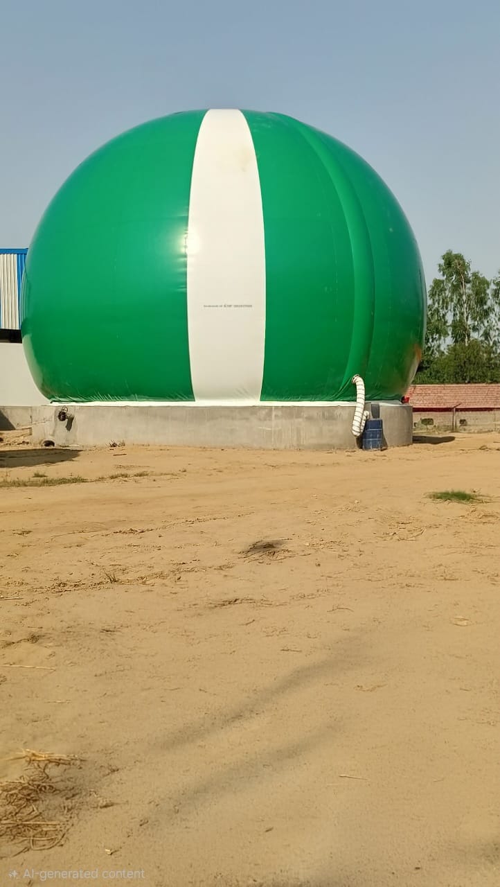 Ground-mounted biogas storage balloon holding raw gas ahead of purification