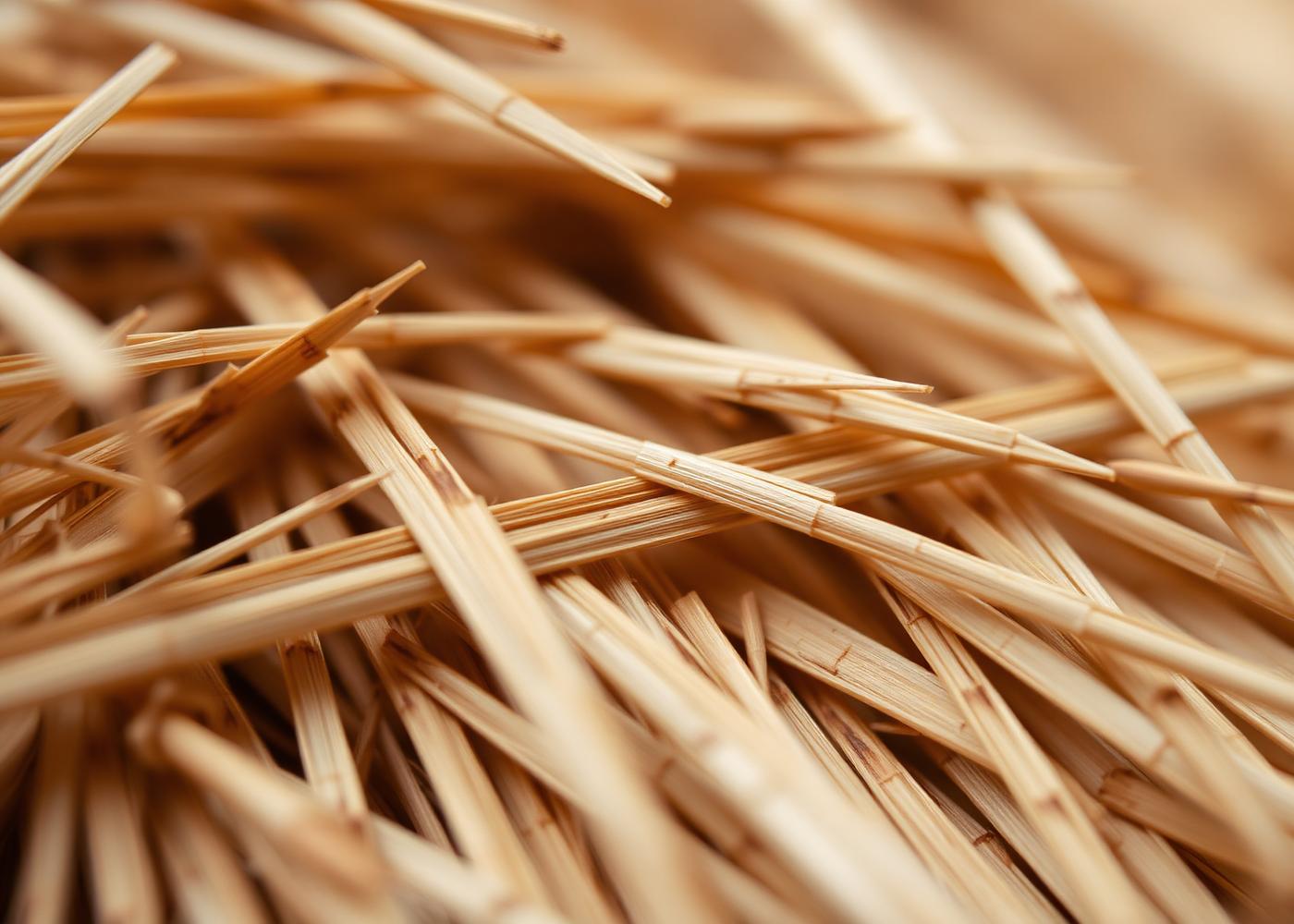 Close detail of dry paddy straw fibres prepared as feedstock
